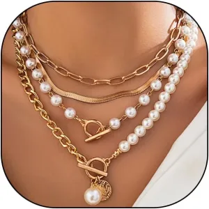Gold Layered Pearl Chain Choker Necklace for Women,Dainty Adjustable Stackable Herringbone Paperclip Link OT Toggle Necklace,Chunky Bead Neck Jewelry