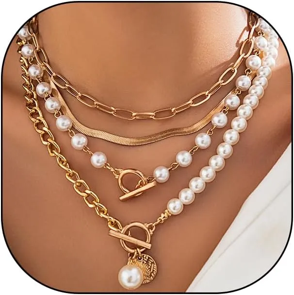 Gold Layered Pearl Chain Choker Necklace for Women,Dainty Adjustable Stackable Herringbone Paperclip Link OT Toggle Necklace,Chunky Bead Neck Jewelry