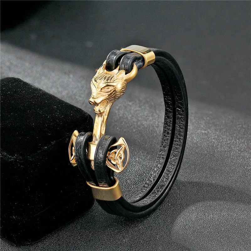 Gold Leo Stainless Steel Anchor Black Leather Men Bracelets