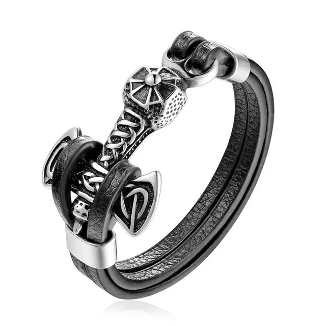 Gold Leo Stainless Steel Anchor Black Leather Men Bracelets
