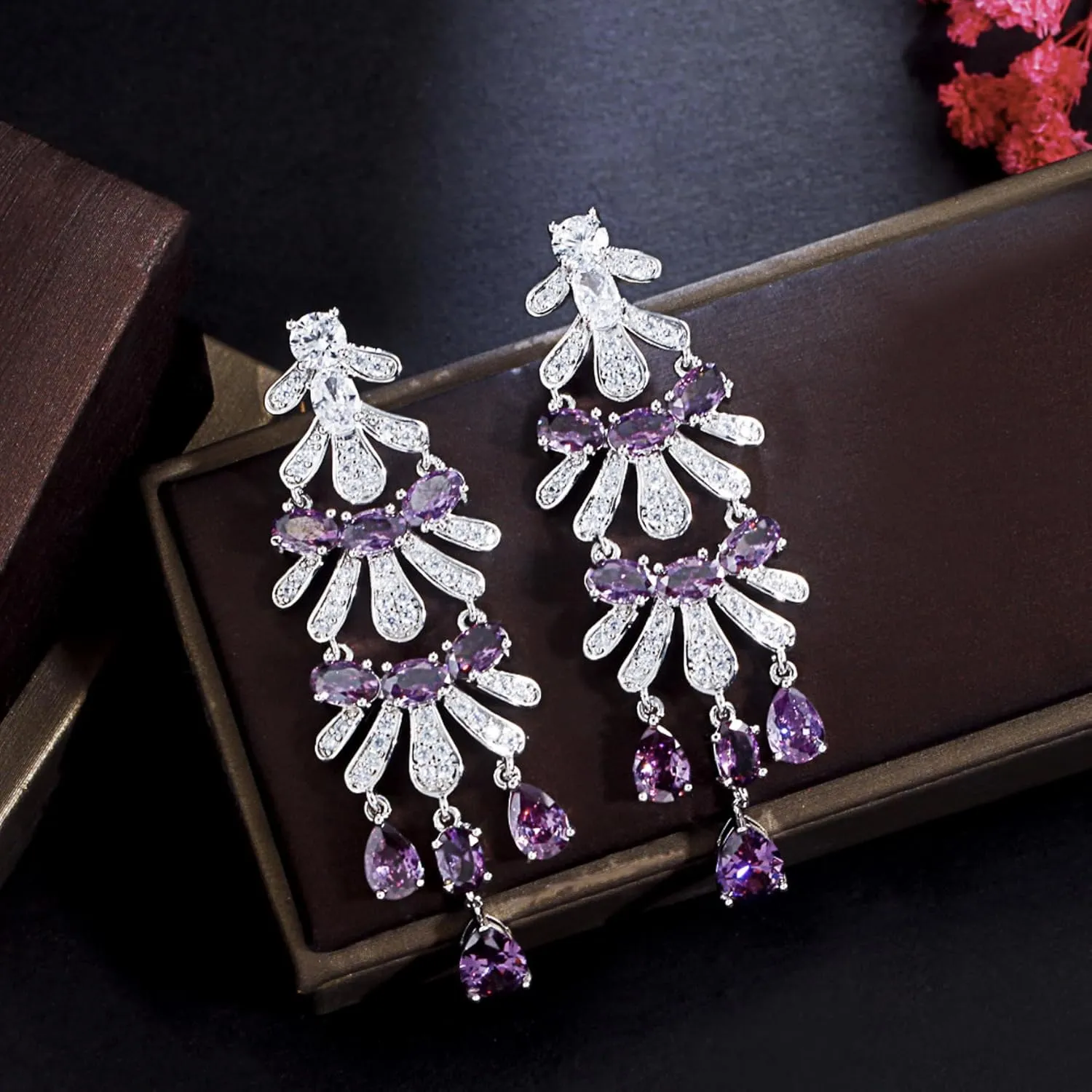 Gold Plated AAAAA Australia Crystal Dangle Earrings for Women | Gold Plated Rhinestone Wedding Bridal Bridesmaid Long Tassel Dangling Earrings | Colorful Cubic Zirconia Chandelier Tassel Stud Drop Dangle Earrings for Women & Teen Girls