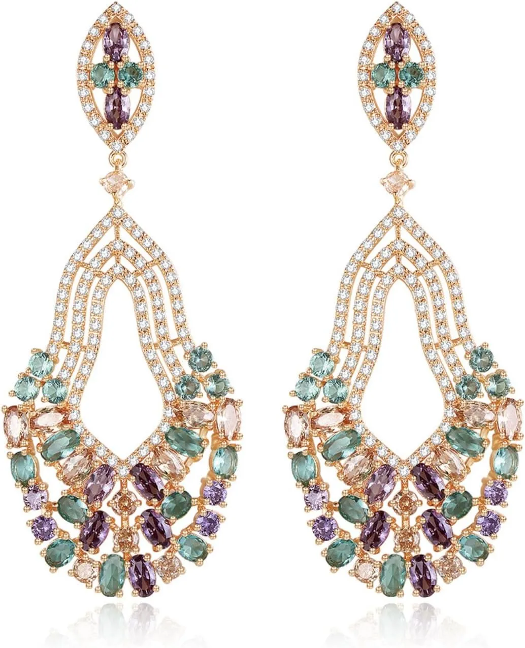 Gold Plated AAAAA Australia Crystal Dangle Earrings for Women | Gold Plated Rhinestone Wedding Bridal Bridesmaid Long Tassel Dangling Earrings | Colorful Cubic Zirconia Chandelier Tassel Stud Drop Dangle Earrings for Women & Teen Girls
