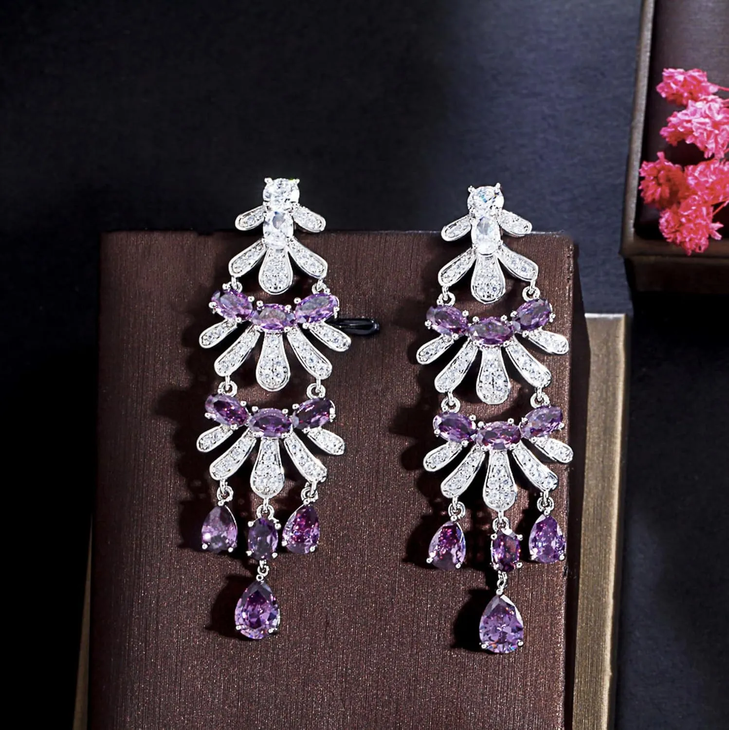 Gold Plated AAAAA Australia Crystal Dangle Earrings for Women | Gold Plated Rhinestone Wedding Bridal Bridesmaid Long Tassel Dangling Earrings | Colorful Cubic Zirconia Chandelier Tassel Stud Drop Dangle Earrings for Women & Teen Girls
