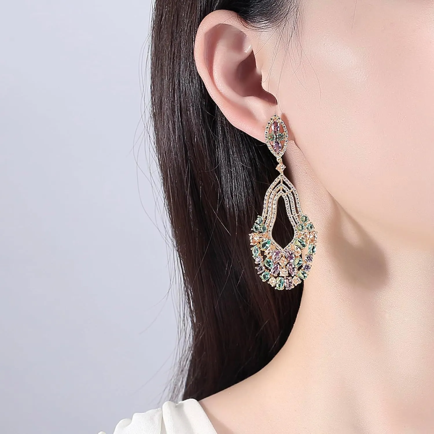 Gold Plated AAAAA Australia Crystal Dangle Earrings for Women | Gold Plated Rhinestone Wedding Bridal Bridesmaid Long Tassel Dangling Earrings | Colorful Cubic Zirconia Chandelier Tassel Stud Drop Dangle Earrings for Women & Teen Girls