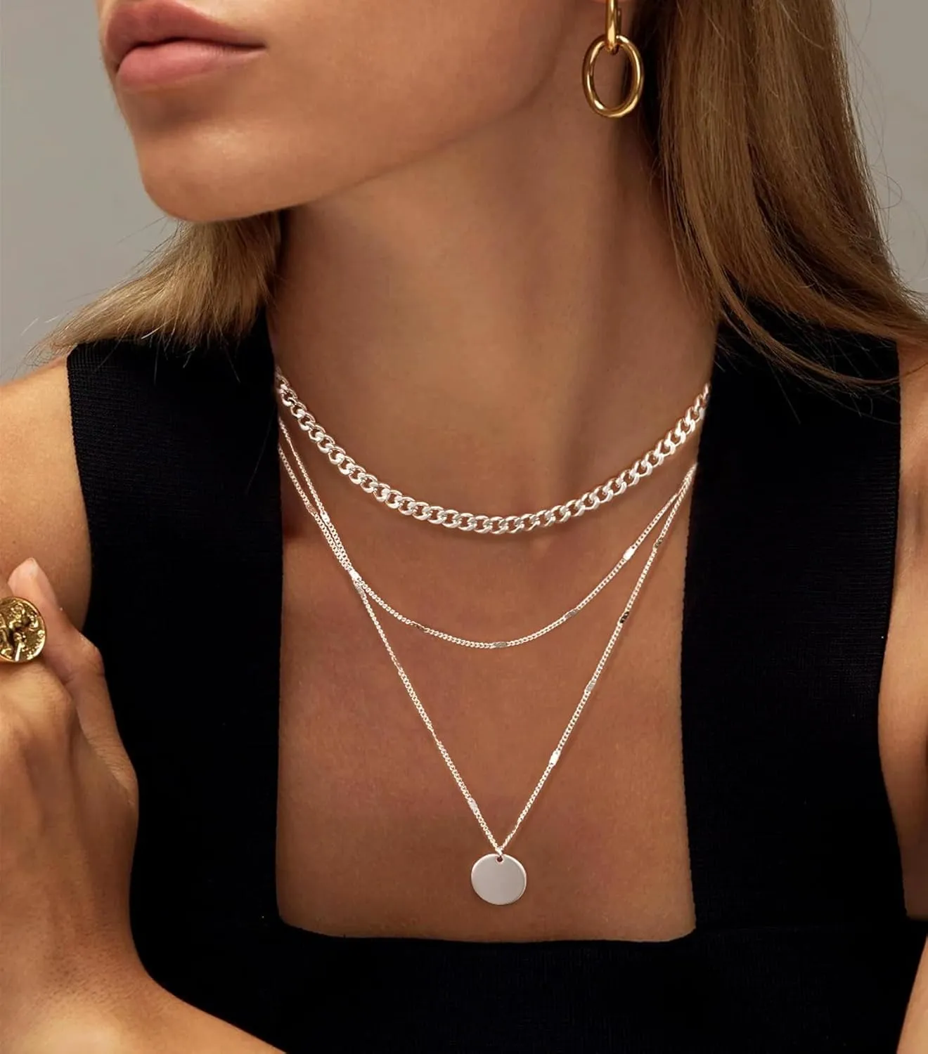 Gold Silver Necklace for Women 14K Real Gold Layered Necklace Choker Dainty Paperclip Silver Trendy Necklace for Woman Gift