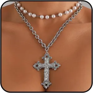Gothic Pearls Big Cross Pendant Necklace for Women, Chunky Layered Round Beads Pearls Choker Thick Link Chain Necklace Vintage Large Jewelry