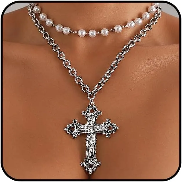 Gothic Pearls Big Cross Pendant Necklace for Women, Chunky Layered Round Beads Pearls Choker Thick Link Chain Necklace Vintage Large Jewelry