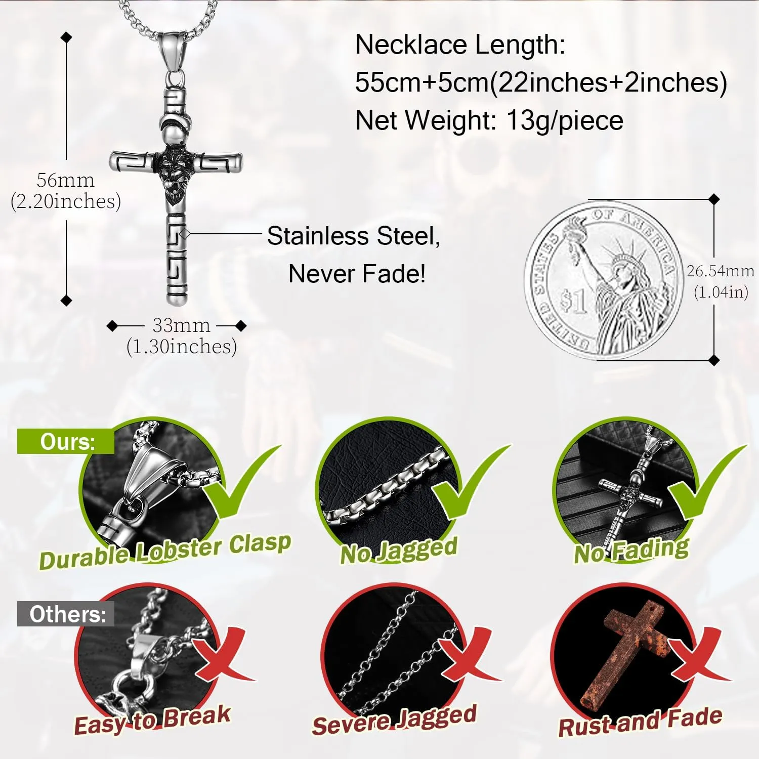Gothic Vintage Cross Pendant Necklace Stainless Steel Large Punk Cross Necklace Silver Cross Pendant Gift for Men Women