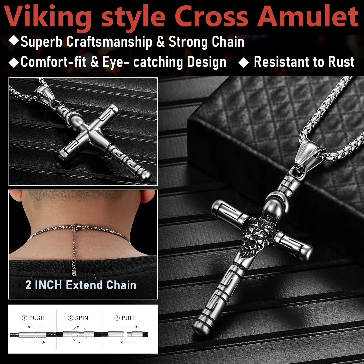 Gothic Vintage Cross Pendant Necklace Stainless Steel Large Punk Cross Necklace Silver Cross Pendant Gift for Men Women