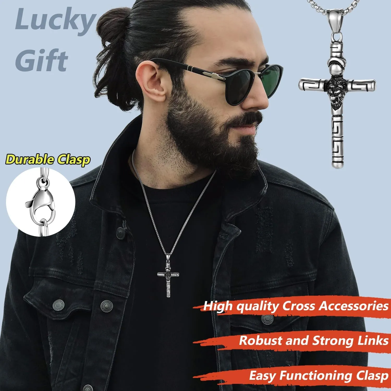 Gothic Vintage Cross Pendant Necklace Stainless Steel Large Punk Cross Necklace Silver Cross Pendant Gift for Men Women