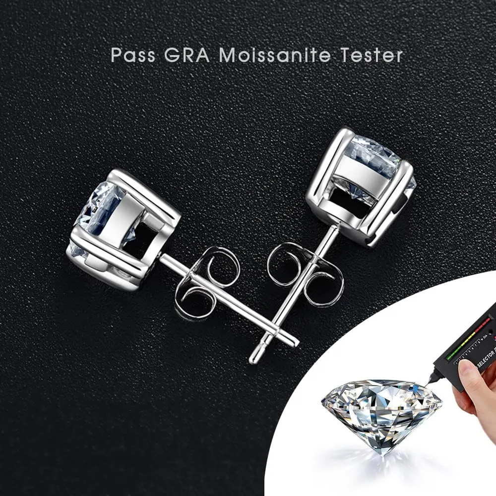 GRA Certificated Solitaire Round Brilliant VVS1 Moissanite D Color 925 Sterling Silver Platinum Plated Stud Earrings Unisex Fine Jewelry for Women Men 0.6ct/1ct/2ct