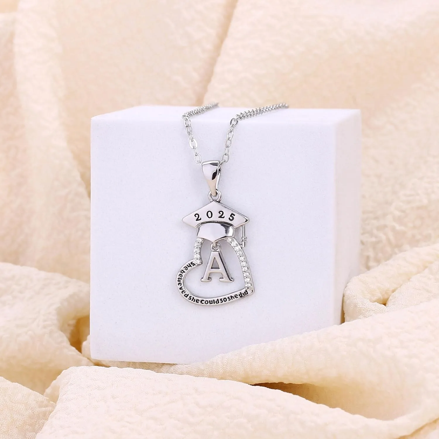 Graduation Gifts for Her, Class of 2025 High School College Graduation Gifts for Best Friends, 14K Gold Plated Cubic Zirconia Initial Heart Graduation Necklaces for Women Jewelry