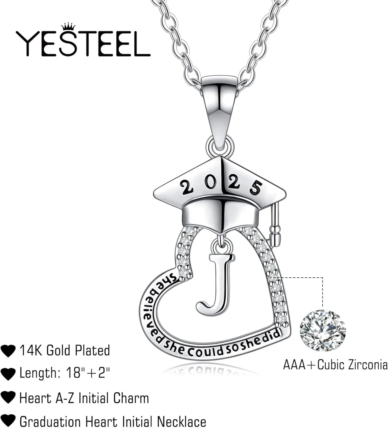 Graduation Gifts for Her, Class of 2025 High School College Graduation Gifts for Best Friends, 14K Gold Plated Cubic Zirconia Initial Heart Graduation Necklaces for Women Jewelry