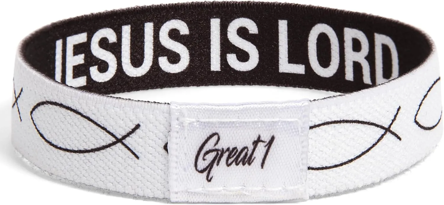 Great 1 JESUS IS LORD Ichthys Symbol/Jesus Fish Bracelet - Inspirational Religious Christian Reversible Stretch Wristband