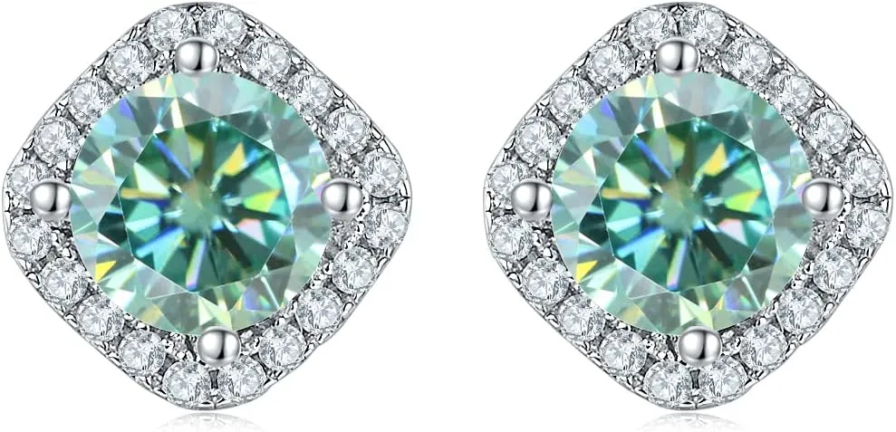 Green Moissanite Stud Earrings D Color VVS1 Clarity Brilliant Lab Grown imitation Diamond Earrings 18K White Gold Plated 925 Sterling Silver Friction Backs for Women Men, Birthday Christmas Gift