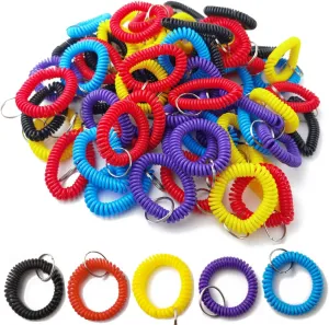 GXXMEI 100PCS Multicolor Plastic Stretchable Spiral Bracelet Wrist Coil Key Chains, Wrist Band Key Ring Chain for Office, Workshop, Shopping Mall, Sauna, Outdoor Sport