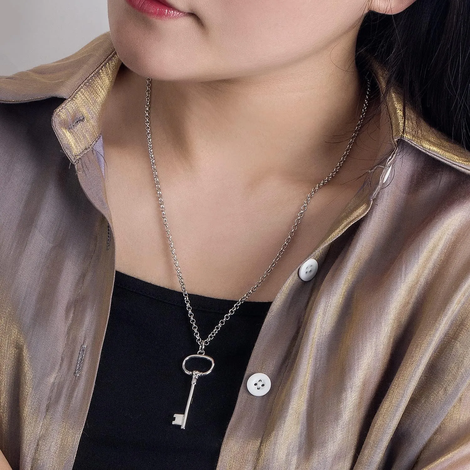 H&Beautimer Unisex 925 Sterling Silver Solid Necklace - Classic Key Pendant Rolo Chain For Women's Man's - 18,20,22,24,26,28,30'' - Handmade in Italy - Silver Fine Jewelry