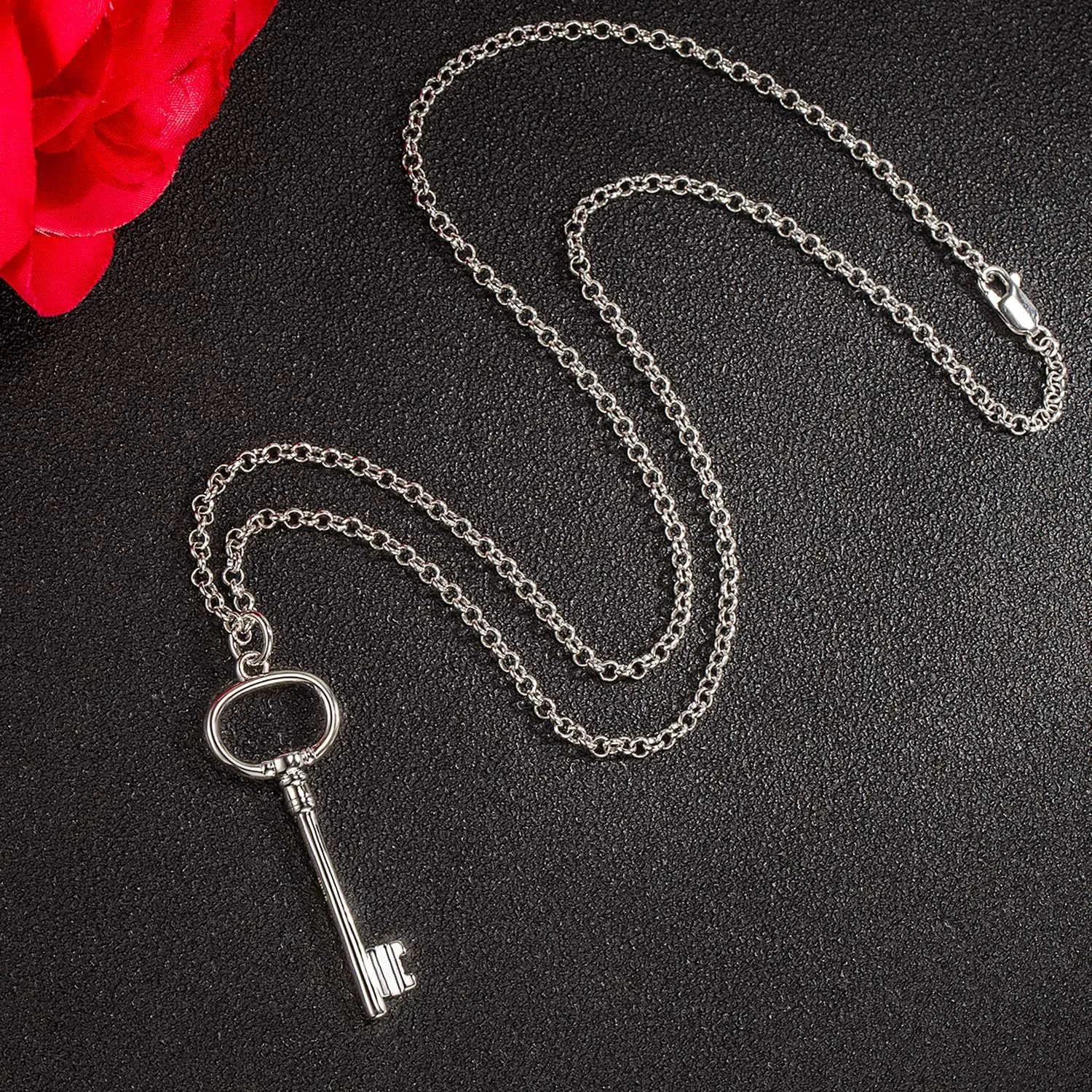 H&Beautimer Unisex 925 Sterling Silver Solid Necklace - Classic Key Pendant Rolo Chain For Women's Man's - 18,20,22,24,26,28,30'' - Handmade in Italy - Silver Fine Jewelry