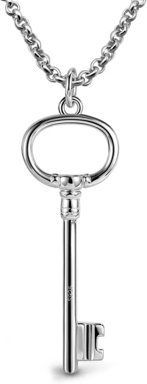 H&Beautimer Unisex 925 Sterling Silver Solid Necklace - Classic Key Pendant Rolo Chain For Women's Man's - 18,20,22,24,26,28,30'' - Handmade in Italy - Silver Fine Jewelry