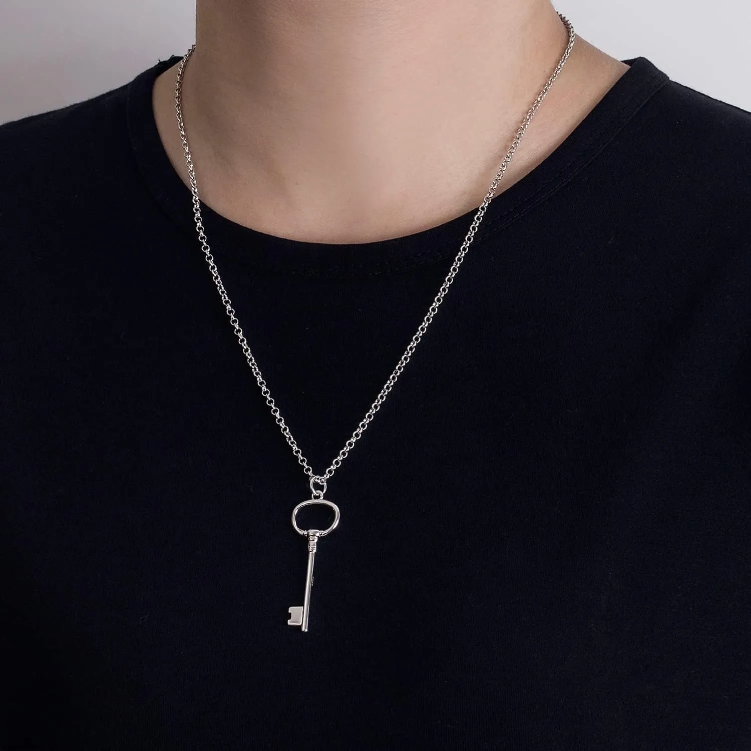 H&Beautimer Unisex 925 Sterling Silver Solid Necklace - Classic Key Pendant Rolo Chain For Women's Man's - 18,20,22,24,26,28,30'' - Handmade in Italy - Silver Fine Jewelry