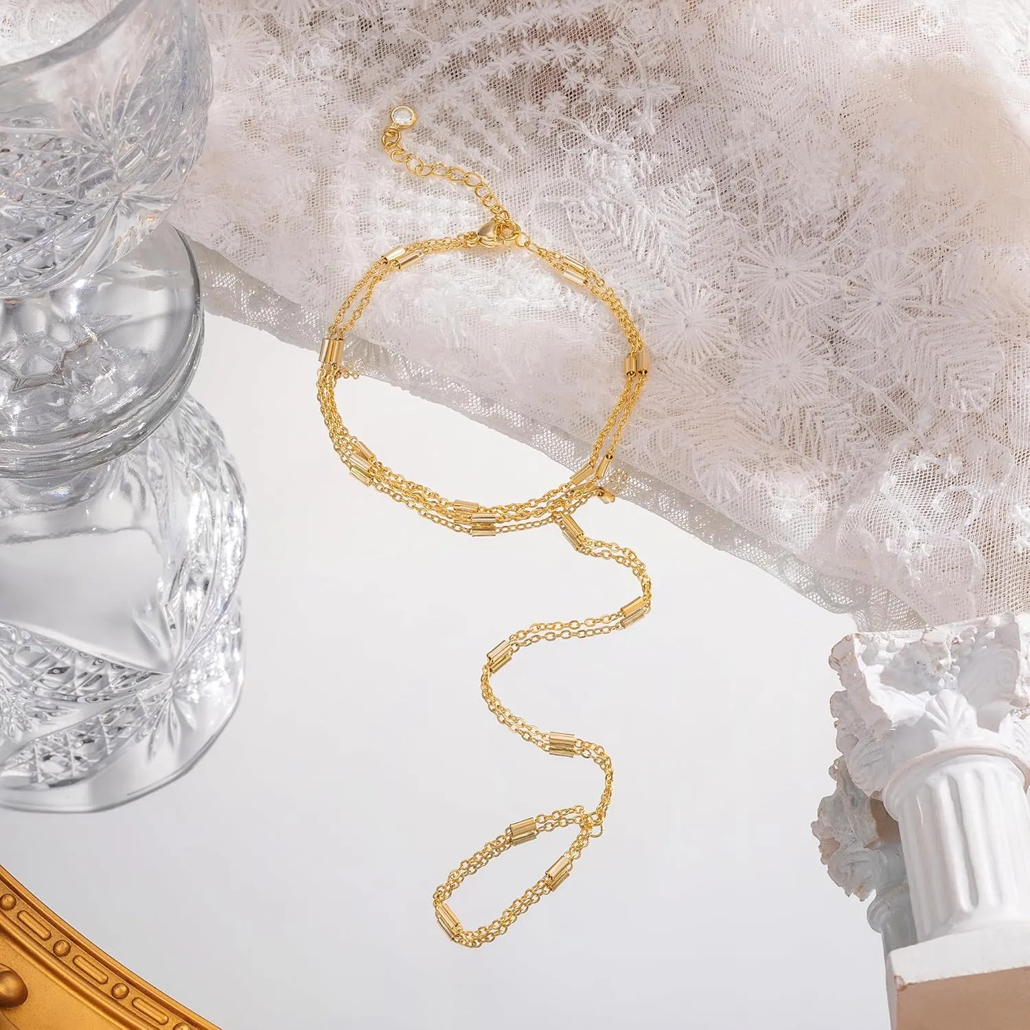 Hand Chain Bracelet Ring Bracelet Hand Chain Dainty 14K Gold Hand Charm Stack Beaded Chain Bracelets Non Tranish Trendy Finger Ring Hand Chain Jewelry Gift for Women