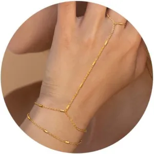 Hand Chain Bracelet Ring Bracelet Hand Chain Dainty 14K Gold Hand Charm Stack Beaded Chain Bracelets Non Tranish Trendy Finger Ring Hand Chain Jewelry Gift for Women