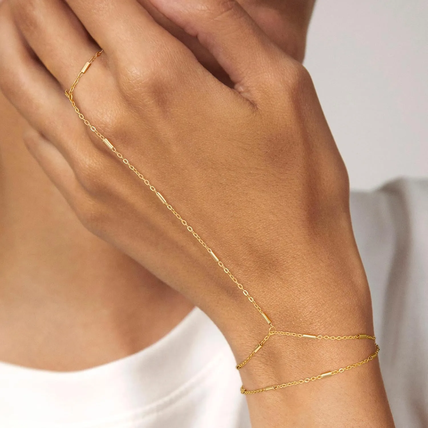 Hand Chain Bracelet Ring Bracelet Hand Chain Dainty 14K Gold Hand Charm Stack Beaded Chain Bracelets Non Tranish Trendy Finger Ring Hand Chain Jewelry Gift for Women