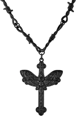 HAQUIL Skull Necklace, Black Plated Gothic Punk Skull Deathhead Hawkmoth Cross Pendant, Barbed Wire Chain, Skull Jewelry Gift