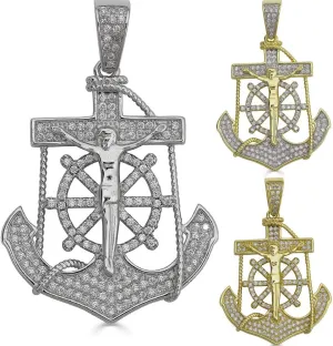 HarlemBling Solid 925 Sterling Silver -Jesus On Anchor Cross Pendant - Hip Hop Iced - Natural Silver Or Two Tone Gold Finish