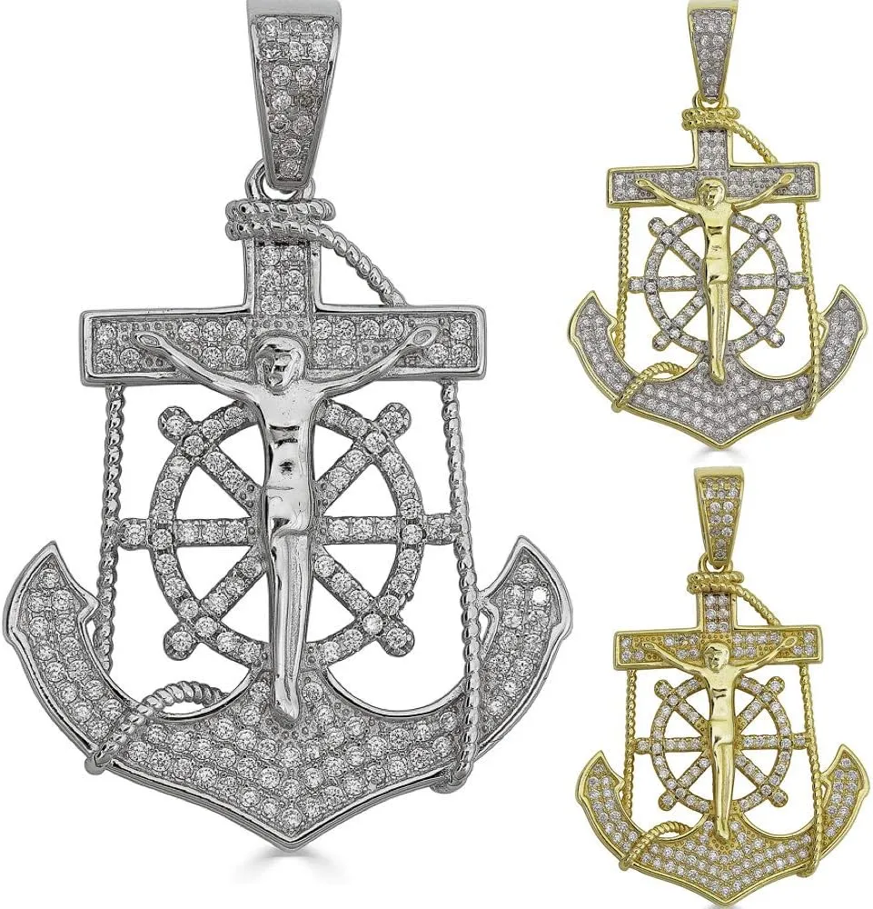HarlemBling Solid 925 Sterling Silver -Jesus On Anchor Cross Pendant - Hip Hop Iced - Natural Silver Or Two Tone Gold Finish