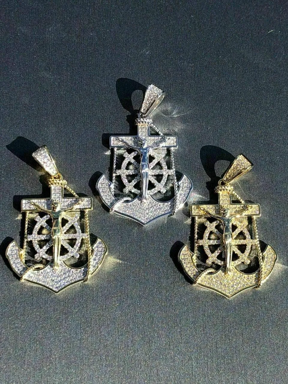 HarlemBling Solid 925 Sterling Silver -Jesus On Anchor Cross Pendant - Hip Hop Iced - Natural Silver Or Two Tone Gold Finish