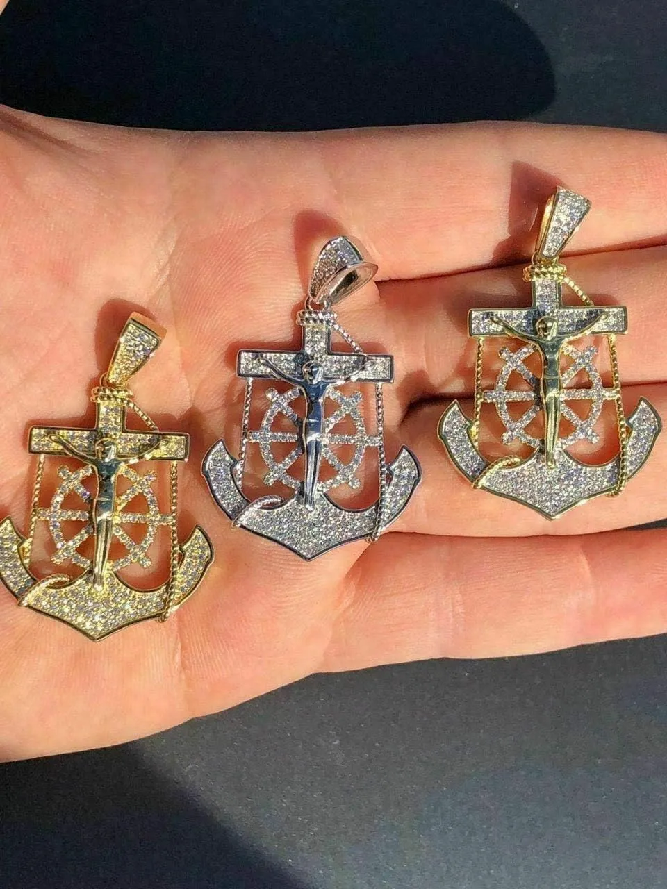 HarlemBling Solid 925 Sterling Silver -Jesus On Anchor Cross Pendant - Hip Hop Iced - Natural Silver Or Two Tone Gold Finish