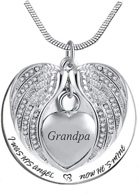 Heart Angel Wing Cremation Urn Necklaces for Human Ashes Dad Mom Grandma Family Members Keepsake Memorial Pendant Ashes Holder- I Was His Angel; Now He's Mine