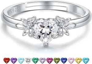 Heart Birthstone Rings for Women: 925 Sterling Silver Adjustable Butterfly Birthstone Ring - Heart Birthstone Promise Band Rings Size 4-9 Jewelry Gifts for Birthday Christmas Mother`s Day