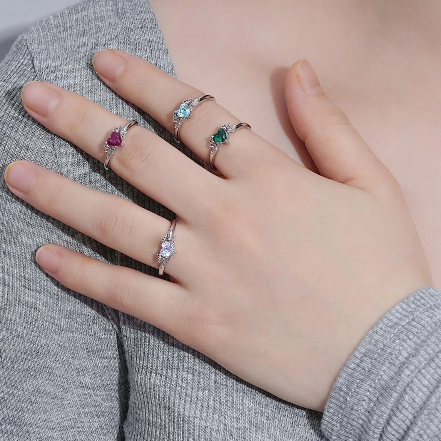 Heart Birthstone Rings for Women: 925 Sterling Silver Adjustable Butterfly Birthstone Ring - Heart Birthstone Promise Band Rings Size 4-9 Jewelry Gifts for Birthday Christmas Mother`s Day