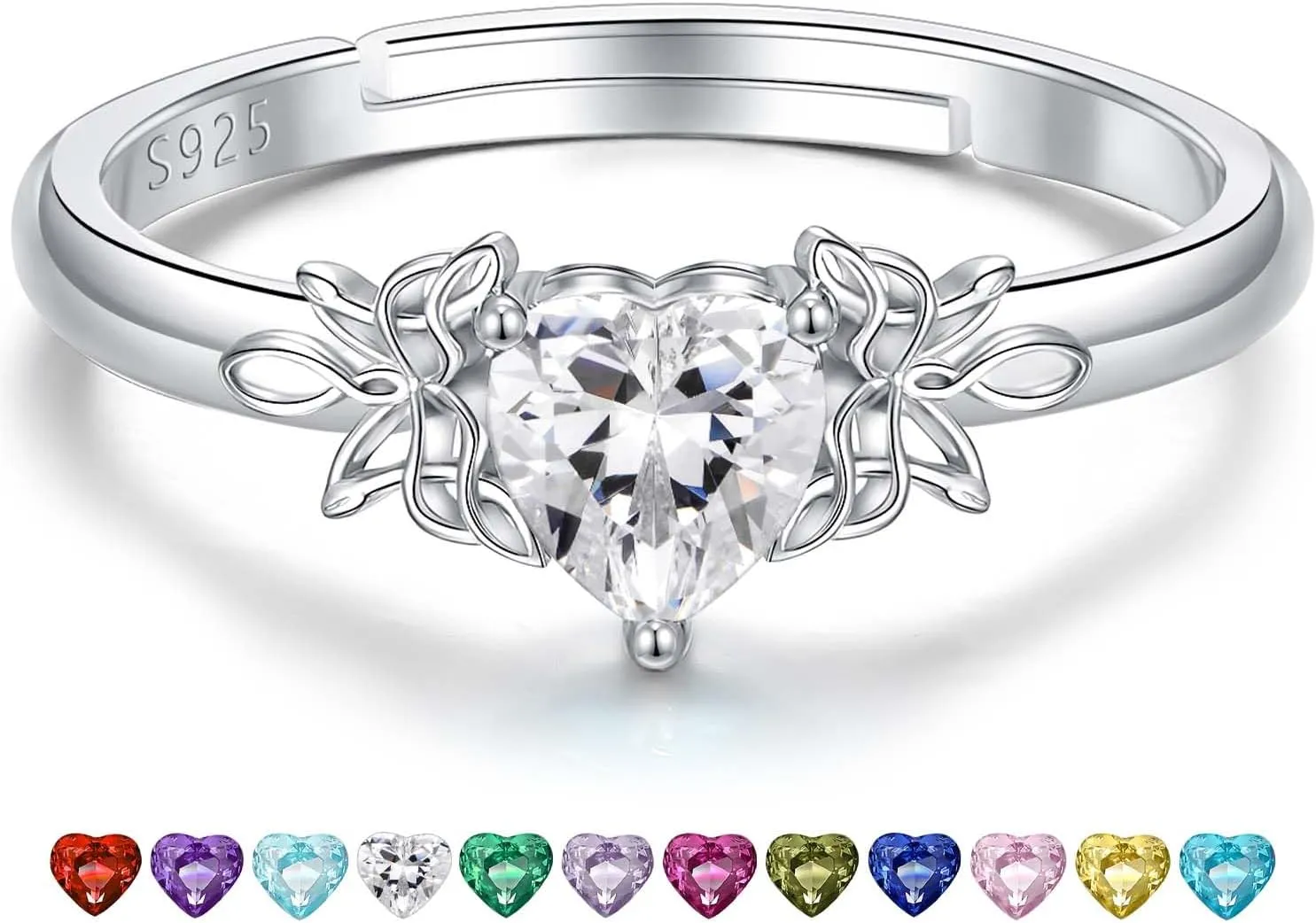Heart Birthstone Rings for Women: 925 Sterling Silver Adjustable Butterfly Birthstone Ring - Heart Birthstone Promise Band Rings Size 4-9 Jewelry Gifts for Birthday Christmas Mother`s Day