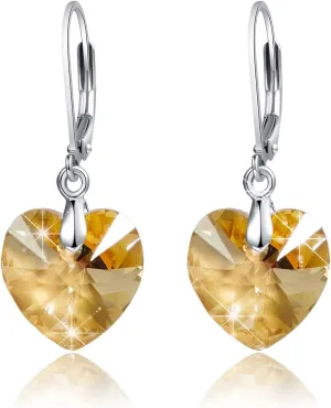 Heart Crystals Earrings for Women Sterling Silver Leverback Earrings Austria Crystals Dangle Earrings Jewelry Gifts for Wife Moms Girl