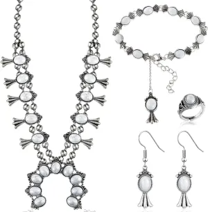 Henoyso 4 Pcs Turquoise Squash Blossom Jewelry Set for Women Vintage Western Necklace Earrings Wrist Chain Ring