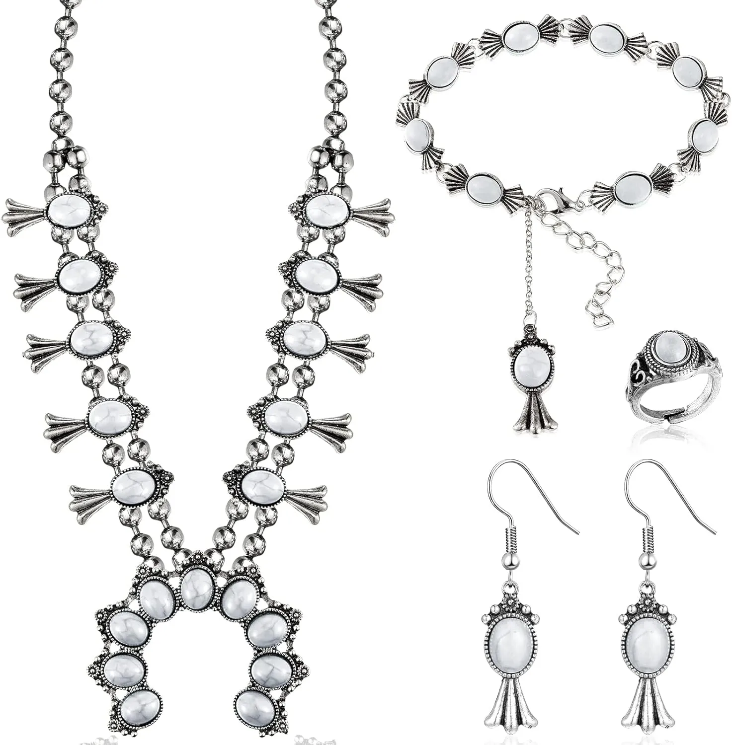 Henoyso 4 Pcs Turquoise Squash Blossom Jewelry Set for Women Vintage Western Necklace Earrings Wrist Chain Ring