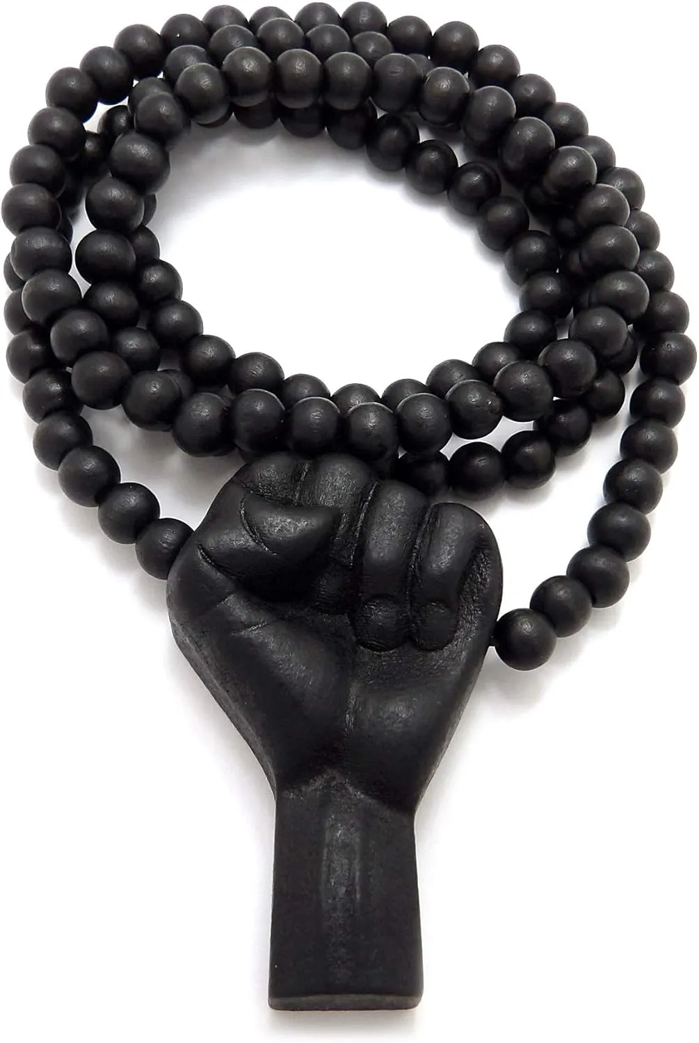 Hip Hop Black Rising Fist Pendant 8mm 24, 27, 30, 36 inches Wooden Bead Necklace