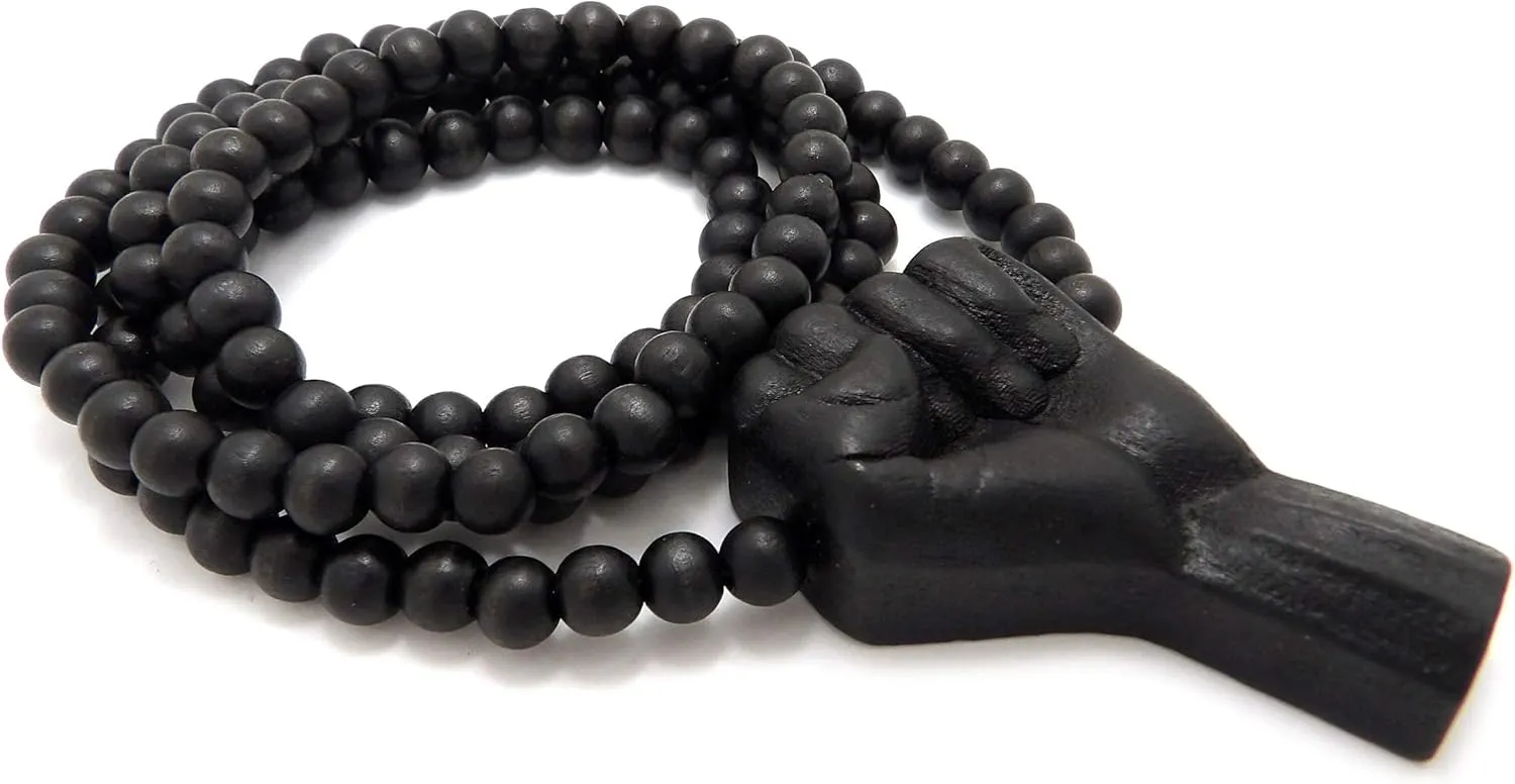 Hip Hop Black Rising Fist Pendant 8mm 24, 27, 30, 36 inches Wooden Bead Necklace