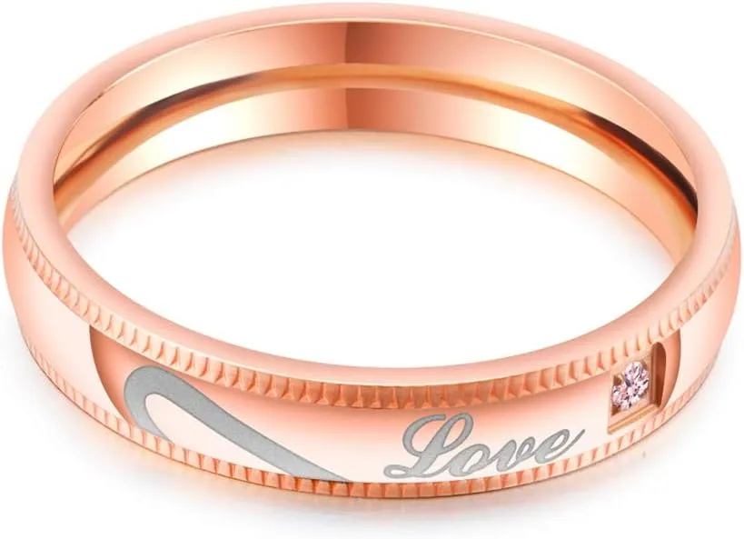 His & Hers Half Heart Couple Rings Matching Promise Rings Set for Couples Love You Forever Wedding Engagement Bands Top Ring for Him and Her Stainless Steel