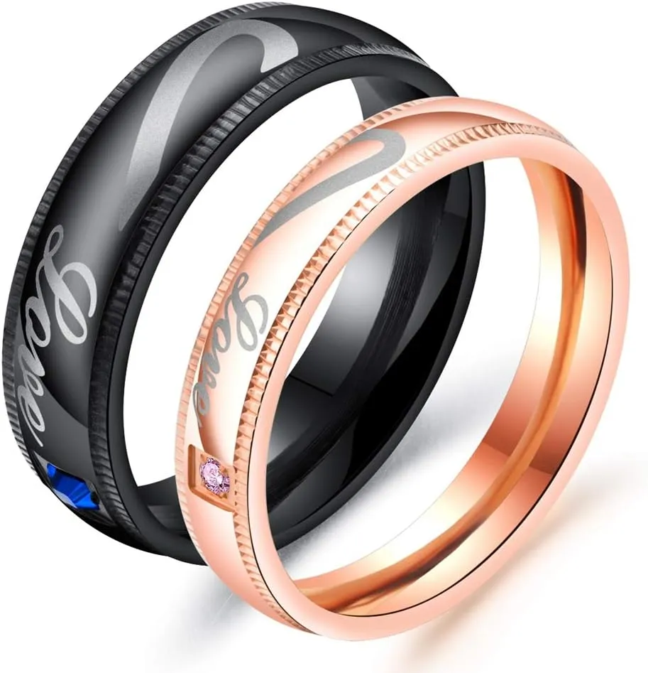 His & Hers Half Heart Couple Rings Matching Promise Rings Set for Couples Love You Forever Wedding Engagement Bands Top Ring for Him and Her Stainless Steel