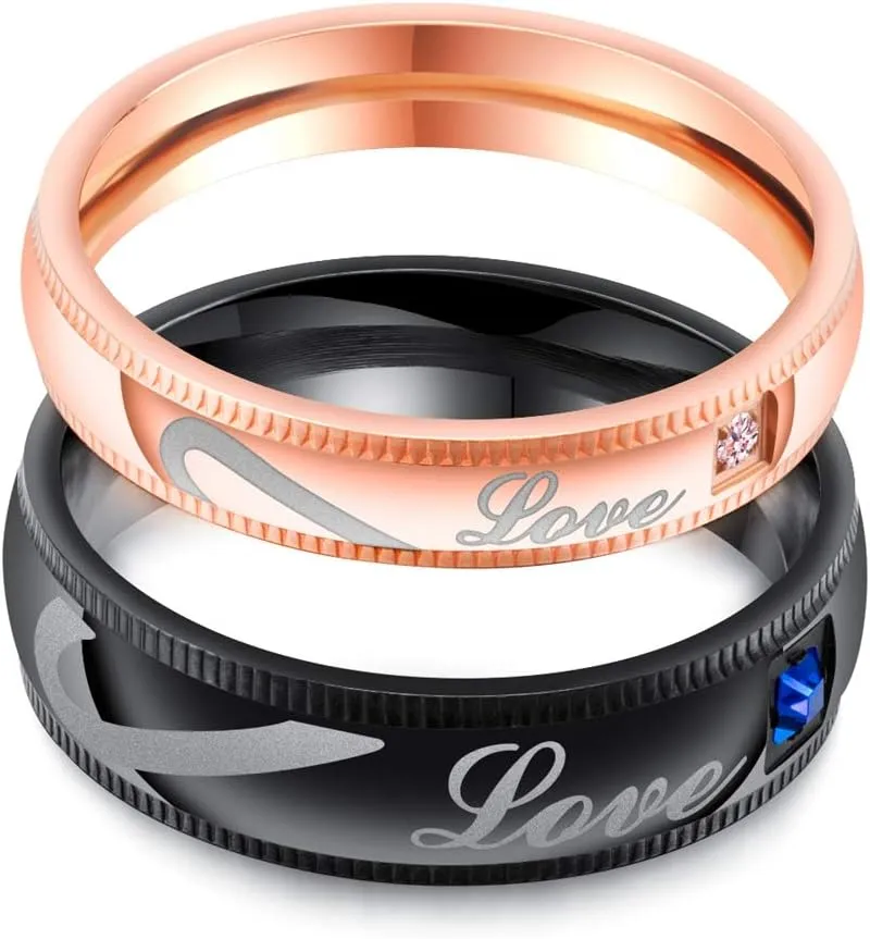 His & Hers Half Heart Couple Rings Matching Promise Rings Set for Couples Love You Forever Wedding Engagement Bands Top Ring for Him and Her Stainless Steel
