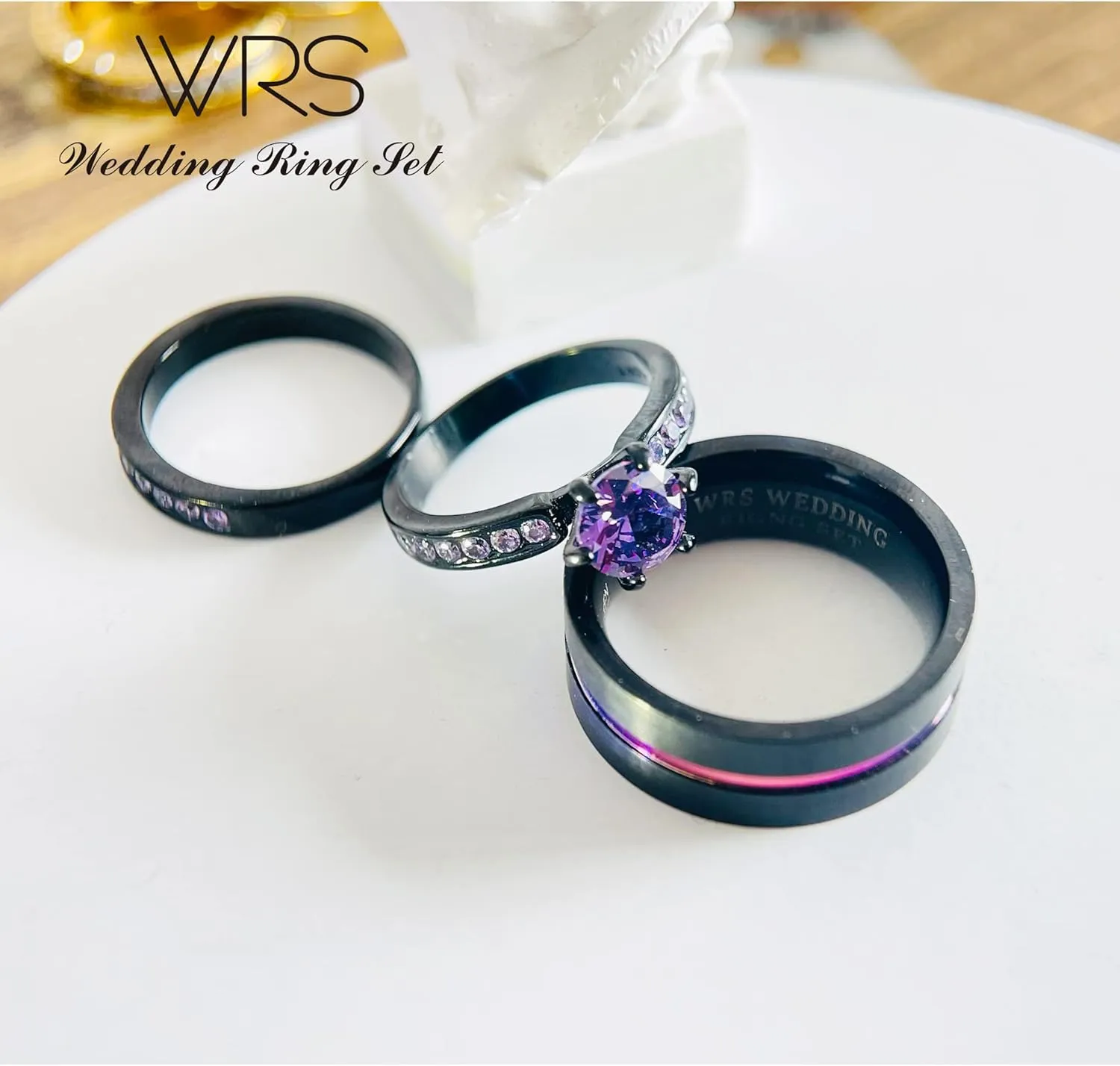 His Hers Wedding Ring Sets Couples Matching Rings Women's 18k Black Gold Filled Violet CZ Wedding Engagement Ring Bridal Sets & Men's Tungsten Carbide Wedding Band
