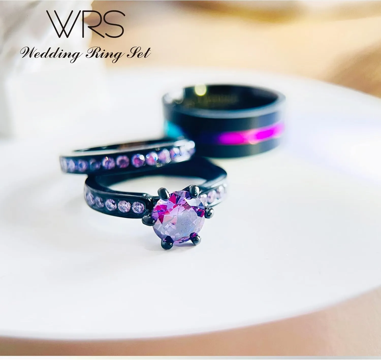 His Hers Wedding Ring Sets Couples Matching Rings Women's 18k Black Gold Filled Violet CZ Wedding Engagement Ring Bridal Sets & Men's Tungsten Carbide Wedding Band