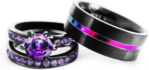 His Hers Wedding Ring Sets Couples Matching Rings Women's 18k Black Gold Filled Violet CZ Wedding Engagement Ring Bridal Sets & Men's Tungsten Carbide Wedding Band