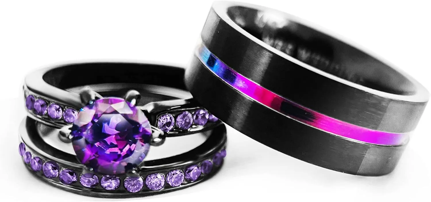 His Hers Wedding Ring Sets Couples Matching Rings Women's 18k Black Gold Filled Violet CZ Wedding Engagement Ring Bridal Sets & Men's Tungsten Carbide Wedding Band