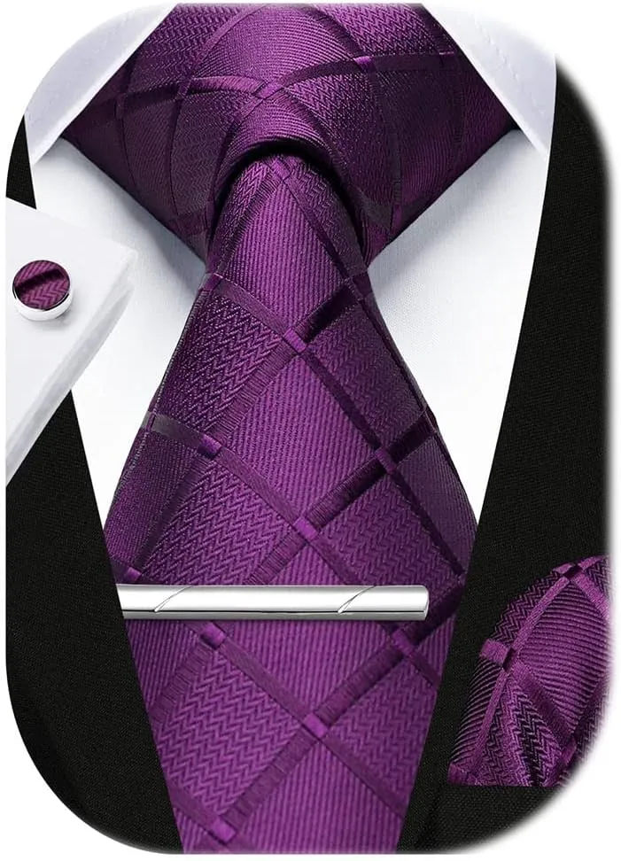 HISDERN Plaid Ties for Men Classic Checkered Tie and Pocket Square Cufflinks Tie Clip Set Woven Men's Necktie Business