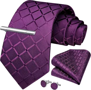 HISDERN Plaid Ties for Men Classic Checkered Tie and Pocket Square Cufflinks Tie Clip Set Woven Men's Necktie Business